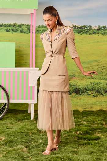 Parul And Preyanka Coco Beige Peplum Jacket & Skirt Set 