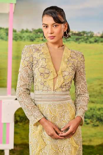 Parul And Preyanka_Yellow Net, Lace V-neck Emmy Blaire Botanical Embroidered Midi Dress _Online_at_Aza_Fashions