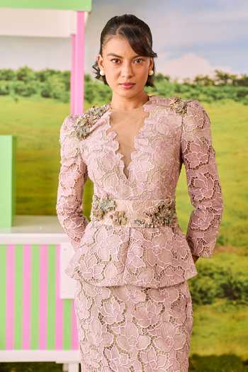 Parul And Preyanka_Purple Net, Lace Plunge Neck Victoria Floral Jacket And Skirt Set _Online_at_Aza_Fashions