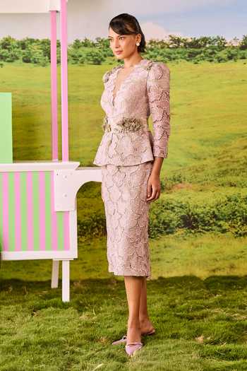 Buy_Parul And Preyanka_Purple Net, Lace Plunge Neck Victoria Floral Jacket And Skirt Set _Online_at_Aza_Fashions