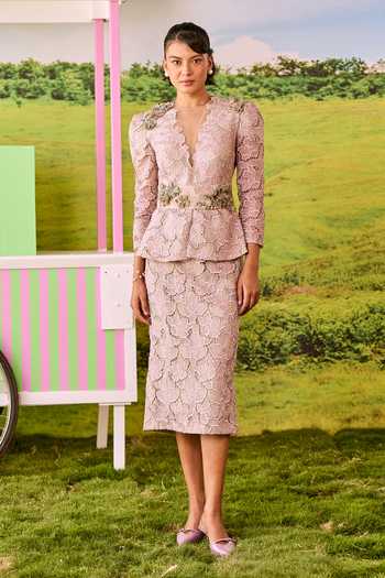 Parul And Preyanka Victoria Floral Lace Jacket & Skirt Set 