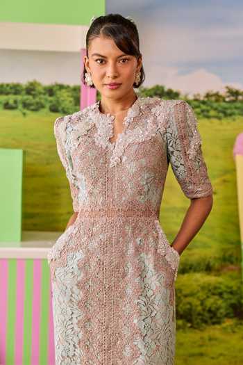 Parul And Preyanka_Blue Lace, Net Notched Neck Blaire Straight Dress _Online_at_Aza_Fashions