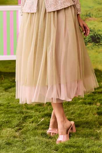 Parul And Preyanka_Green Net, Lace V-neck Barbie Structured Jacket And Layered Skirt Set _Online_at_Aza_Fashions