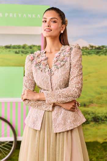 Buy_Parul And Preyanka_Green Net, Lace V-neck Barbie Structured Jacket And Layered Skirt Set _Online_at_Aza_Fashions