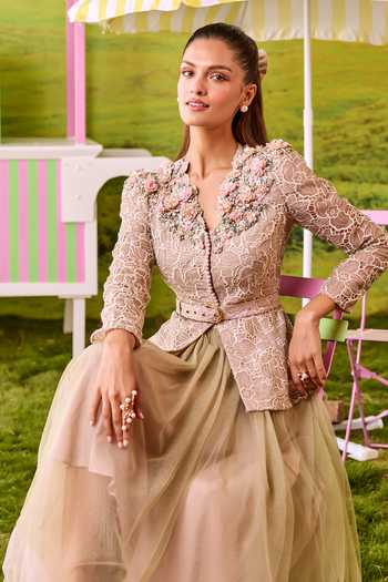 Shop_Parul And Preyanka_Green Net, Lace V-neck Barbie Structured Jacket And Layered Skirt Set _Online_at_Aza_Fashions