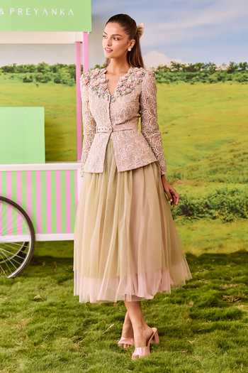 Parul And Preyanka_Green Net, Lace V-neck Barbie Structured Jacket And Layered Skirt Set _at_Aza_Fashions