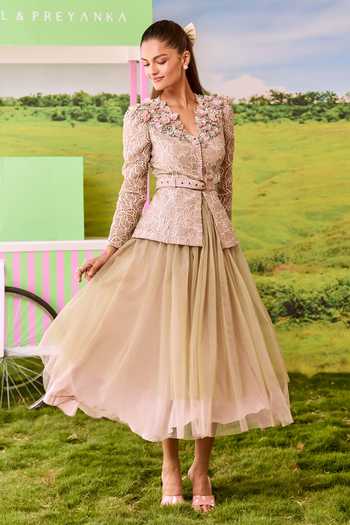 Buy_Parul And Preyanka_Green Net, Lace V-neck Barbie Structured Jacket And Layered Skirt Set 