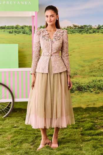Parul And Preyanka Barbie Structured Jacket & Layered Skirt Set 