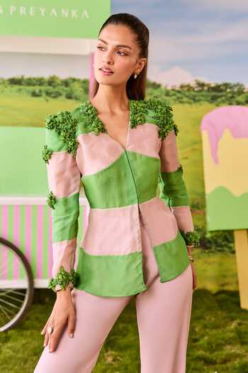 Parul And Preyanka_Pink Organza, Crepe V-neck Kiki Color Blocked Shirt And Pant Set _Online_at_Aza_Fashions
