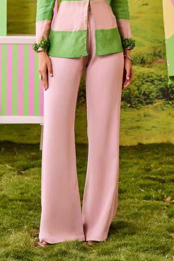 Buy_Parul And Preyanka_Pink Organza, Crepe V-neck Kiki Color Blocked Shirt And Pant Set _Online_at_Aza_Fashions