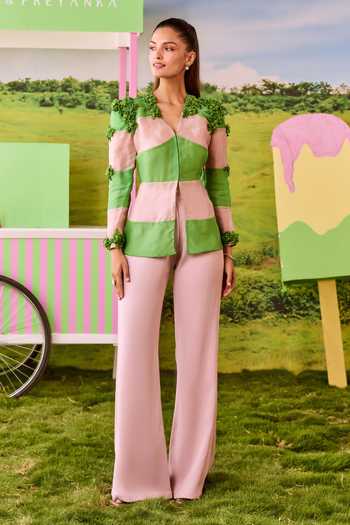 Shop_Parul And Preyanka_Pink Organza, Crepe V-neck Kiki Color Blocked Shirt And Pant Set _Online_at_Aza_Fashions
