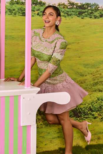 Parul And Preyanka_Pink Organza, Lace Round Neck Portia And Green Striped Dress _Online_at_Aza_Fashions