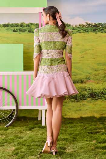 Parul And Preyanka Portia Pink & Green Striped Dress 
