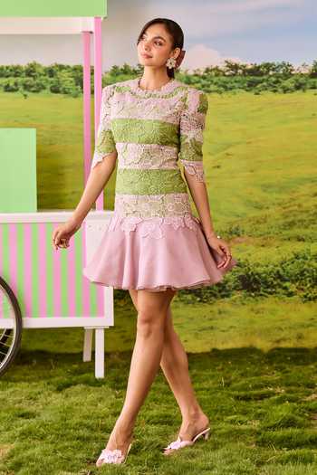 Shop_Parul And Preyanka_Pink Organza, Lace Round Neck Portia And Green Striped Dress _Online_at_Aza_Fashions