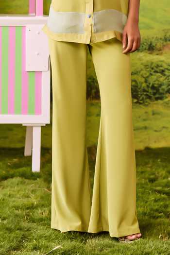 Parul And Preyanka_Green Organza, Crepe Collared Neck Boxy Striped Shirt And Pant Set _Online_at_Aza_Fashions