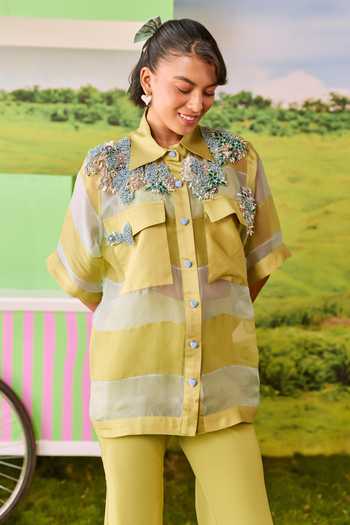 Buy_Parul And Preyanka_Green Organza, Crepe Collared Neck Boxy Striped Shirt And Pant Set _Online_at_Aza_Fashions