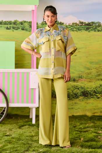 Shop_Parul And Preyanka_Green Organza, Crepe Collared Neck Boxy Striped Shirt And Pant Set _Online_at_Aza_Fashions