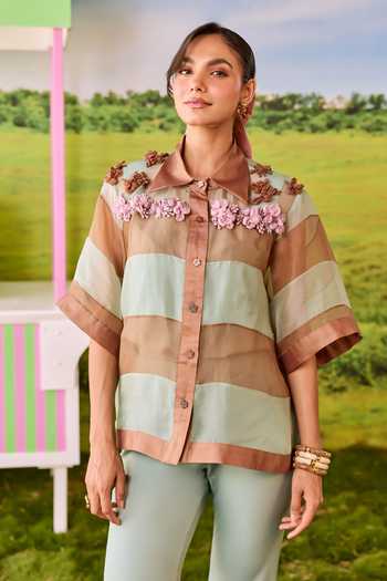 Parul And Preyanka_Green Crepe, Organza Collared Neck Boxy Striped Shirt And Pant Set _Online_at_Aza_Fashions