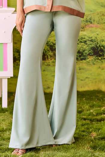 Buy_Parul And Preyanka_Green Crepe, Organza Collared Neck Boxy Striped Shirt And Pant Set _Online_at_Aza_Fashions