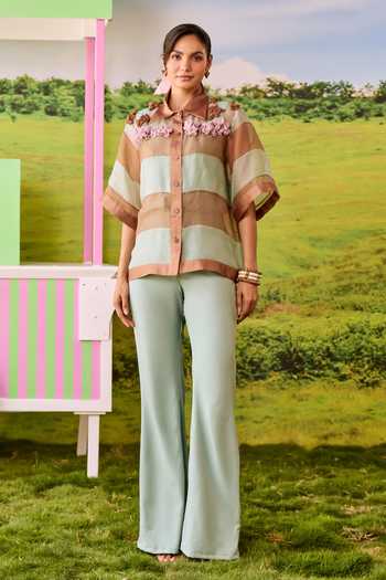 Shop_Parul And Preyanka_Green Crepe, Organza Collared Neck Boxy Striped Shirt And Pant Set _Online_at_Aza_Fashions