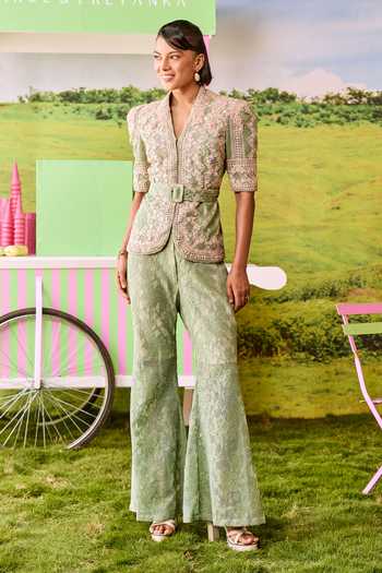Buy_Parul And Preyanka_Green Lace V-neck Julian Jacket And Pant Co-ord Set _Online_at_Aza_Fashions