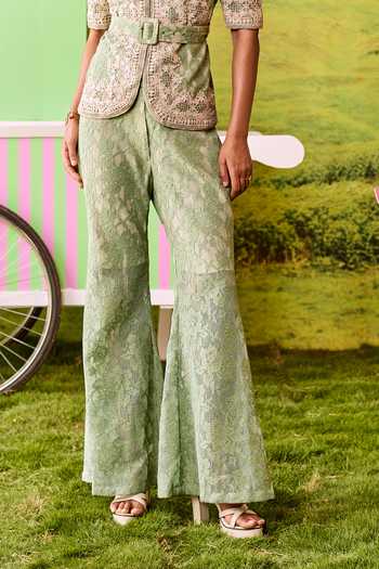 Shop_Parul And Preyanka_Green Lace V-neck Julian Jacket And Pant Co-ord Set _Online_at_Aza_Fashions