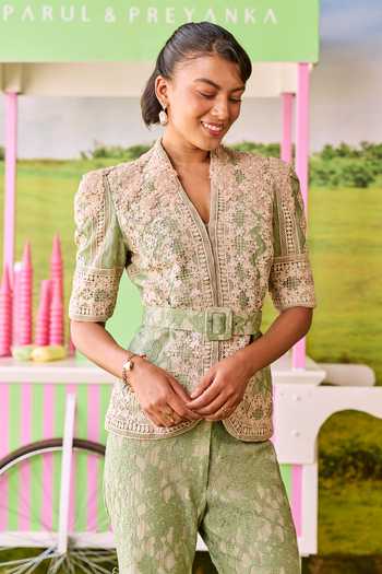 Parul And Preyanka_Green Lace V-neck Julian Jacket And Pant Co-ord Set _at_Aza_Fashions