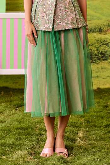 Parul And Preyanka_Green Lace, Net V-neck Valentino Jacket And Skirt Set _Online_at_Aza_Fashions