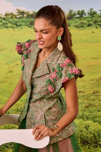 Shop_Parul And Preyanka_Green Lace, Net V-neck Valentino Jacket And Skirt Set _Online_at_Aza_Fashions