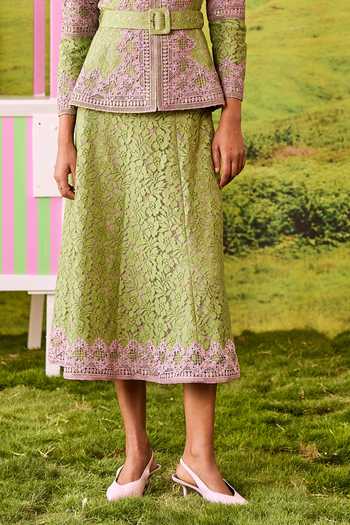 Parul And Preyanka_Green Lace, Net V-neck Emily Peplum Jacket And A-line Skirt Set _Online_at_Aza_Fashions
