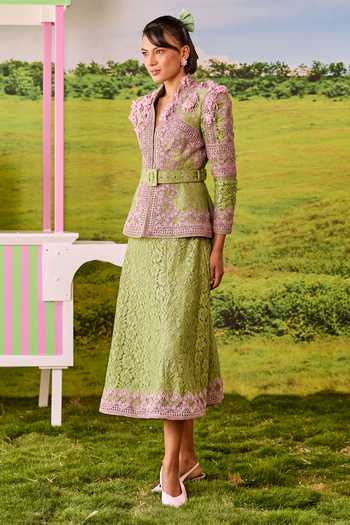 Buy_Parul And Preyanka_Green Lace, Net V-neck Emily Peplum Jacket And A-line Skirt Set _Online_at_Aza_Fashions