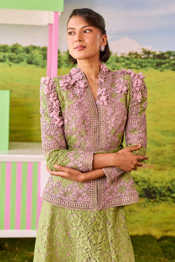 Shop_Parul And Preyanka_Green Lace, Net V-neck Emily Peplum Jacket And A-line Skirt Set _Online_at_Aza_Fashions