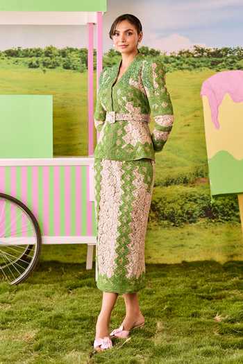 Parul And Preyanka_Green Lace V-neck Emily Structured Jacket And Straight Skirt Set _Online_at_Aza_Fashions