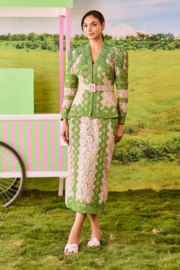 Buy_Parul And Preyanka_Green Lace V-neck Emily Structured Jacket And Straight Skirt Set _Online_at_Aza_Fashions