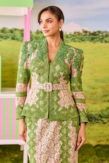 Shop_Parul And Preyanka_Green Lace V-neck Emily Structured Jacket And Straight Skirt Set _Online_at_Aza_Fashions