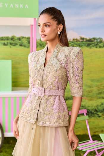 Parul And Preyanka_Green Net, Lace Mandarin Collar Emily Structured Jacket And Short Skirt Set _Online_at_Aza_Fashions