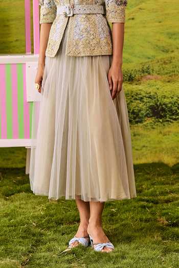 Parul And Preyanka_Ivory Lace, Net V-neck Emily Embroidered Jacket And Skirt Set _Online_at_Aza_Fashions