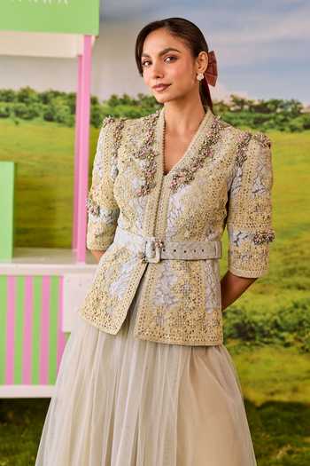 Buy_Parul And Preyanka_Ivory Lace, Net V-neck Emily Embroidered Jacket And Skirt Set _Online_at_Aza_Fashions