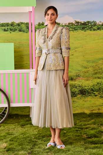 Parul And Preyanka Emily Embroidered Lace Net Jacket & Skirt Set 