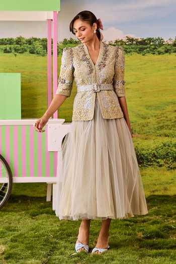 Shop_Parul And Preyanka_Ivory Lace, Net V-neck Emily Embroidered Jacket And Skirt Set _Online_at_Aza_Fashions