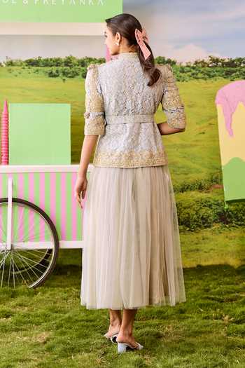 Parul And Preyanka Emily Embroidered Lace Net Jacket & Skirt Set 