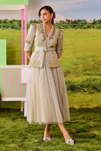 Parul And Preyanka_Ivory Lace, Net V-neck Emily Embroidered Jacket And Skirt Set _at_Aza_Fashions
