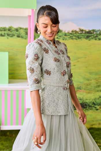 Parul And Preyanka_Blue Net, Lace Mandarin Collar Serena Embroidered Jacket And Skirt Set _Online_at_Aza_Fashions