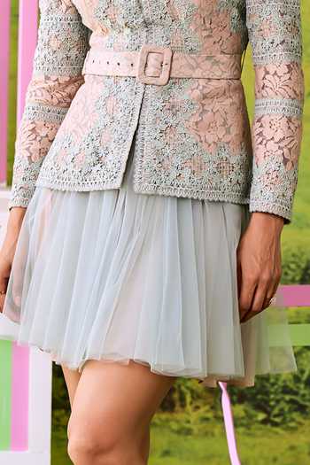 Parul And Preyanka_Blue Net, Lace V-neck Emily Jacket And Short Skirt Set _Online_at_Aza_Fashions