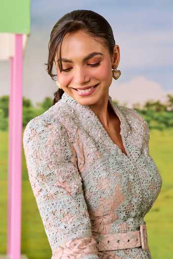 Buy_Parul And Preyanka_Blue Net, Lace V-neck Emily Jacket And Short Skirt Set _Online_at_Aza_Fashions