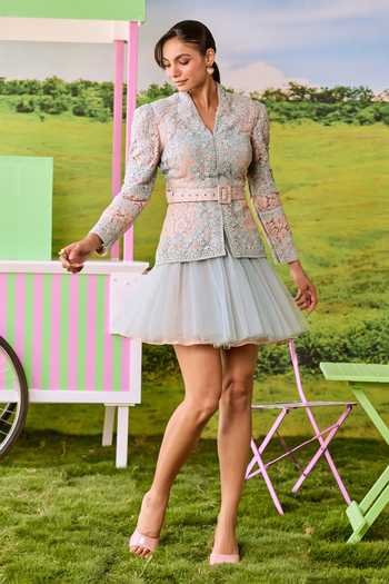 Shop_Parul And Preyanka_Blue Net, Lace V-neck Emily Jacket And Short Skirt Set _Online_at_Aza_Fashions