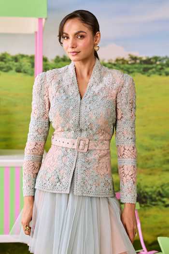 Parul And Preyanka_Blue Net, Lace V-neck Emily Jacket And Short Skirt Set _at_Aza_Fashions
