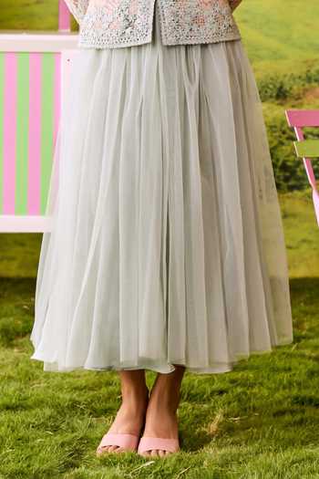 Parul And Preyanka_Blue Net, Lace V-neck Emily Jacket And Midi Skirt Set _Online_at_Aza_Fashions