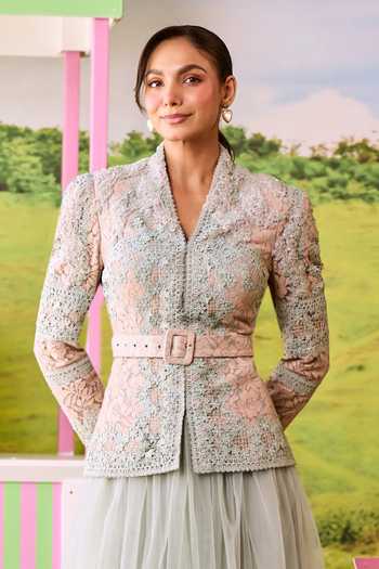 Buy_Parul And Preyanka_Blue Net, Lace V-neck Emily Jacket And Midi Skirt Set _Online_at_Aza_Fashions
