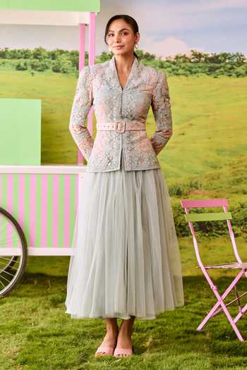 Parul And Preyanka Emily Lace Jacket & Midi Skirt Set 